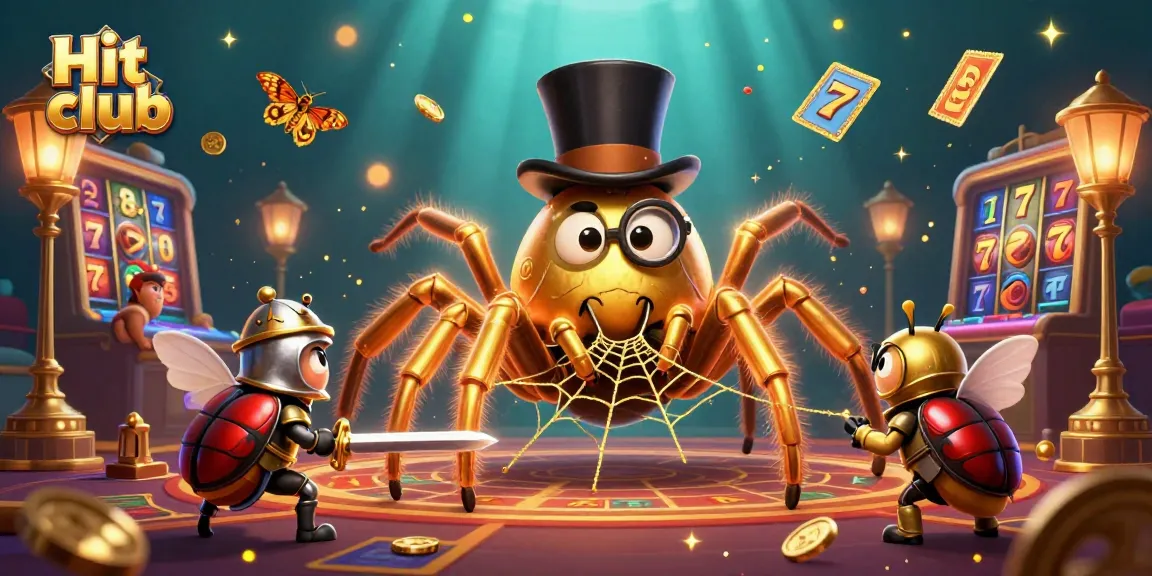 Experience the excitement of Hit club with a golden tarantula and beetle knight amidst dynamic casino elements.