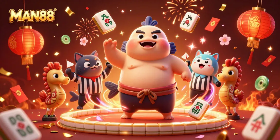 Experience the thrill of gambling with MAN88 featuring a giant fugu sumo in a vibrant 3D casino illustration.