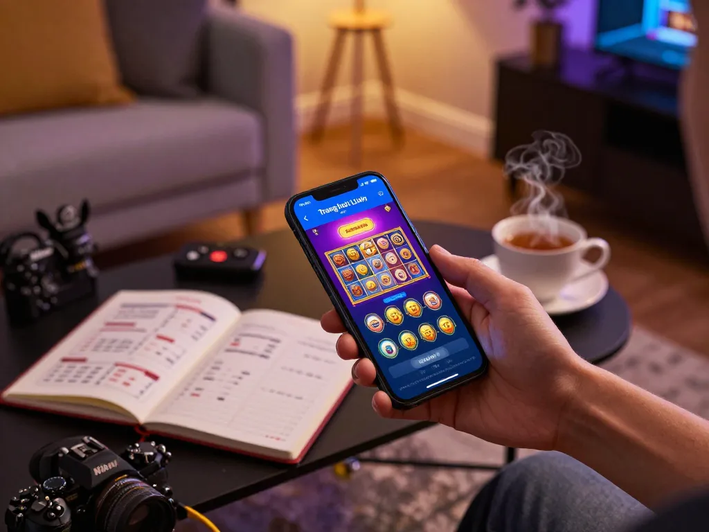 Engaging smartphone gaming on Trang chủ LLwin app, showcasing vibrant online slots and cozy setup.