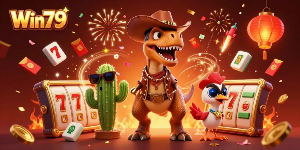 Win79 features an exciting 3D scene with a T-Rex cowboy, cactus sidekick, and roadrunner, surrounded by gaming elements.