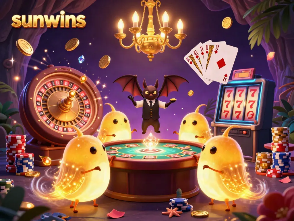 Experience the thrill at sunwins with glowworms lighting a vibrant cave casino illustration showcasing games and excitement.