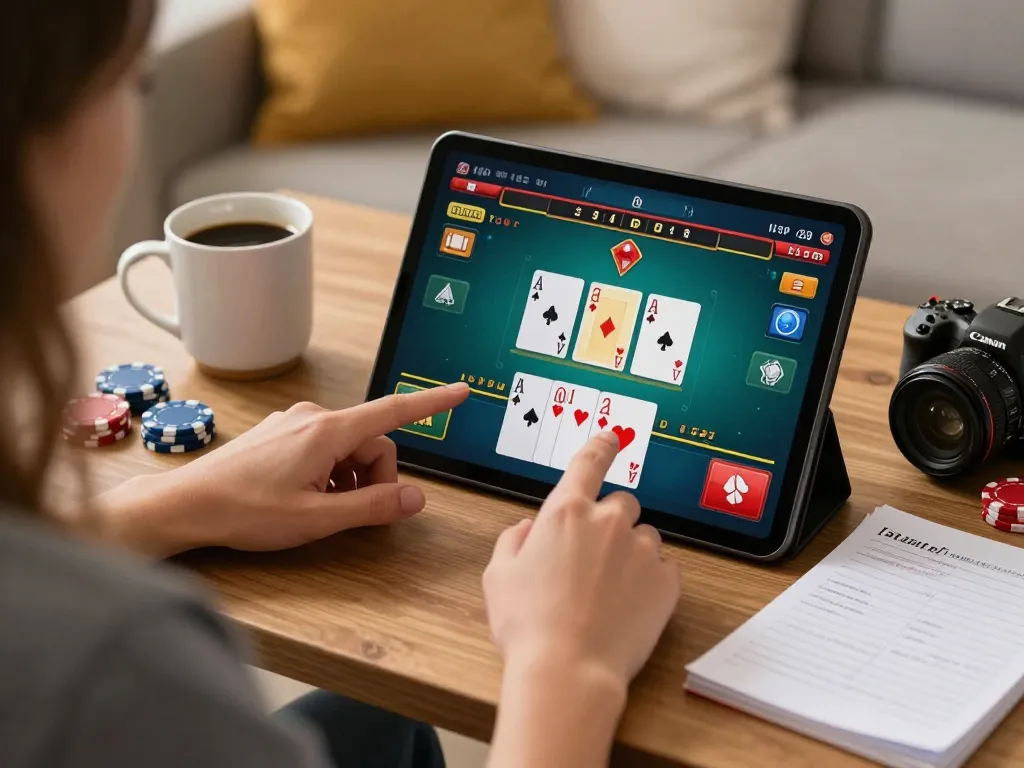 Engaging online blackjack game on tablet, showcasing five88az strategic gameplay and relaxed home environment