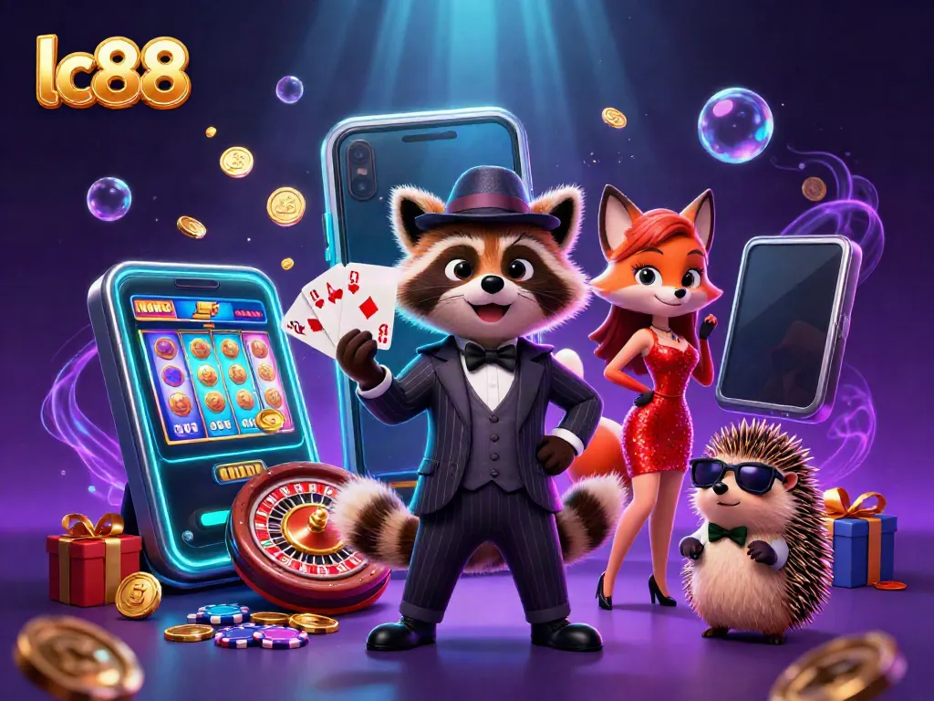 Experience luxury gambling with lc88, featuring a suave raccoon and fox at a casino table.