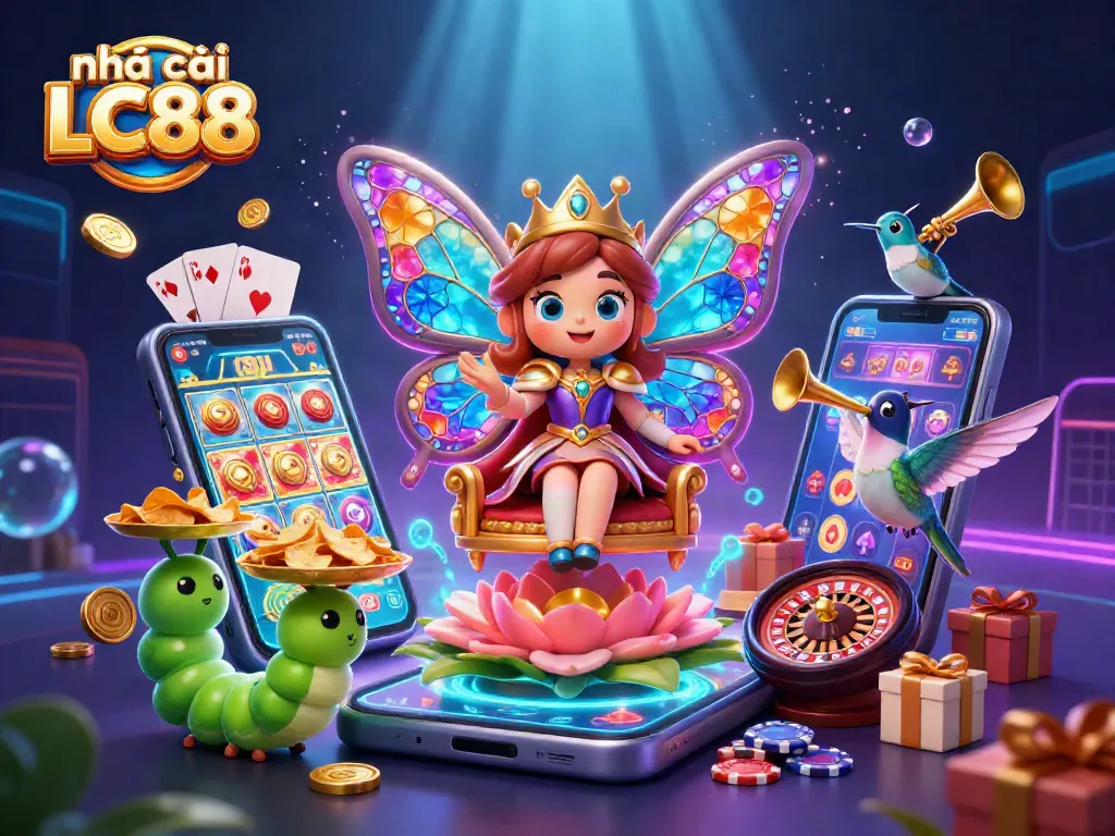 Engage with nhà cái LC88's vibrant casino experience featuring slots, butterfly queen, and golden chips.