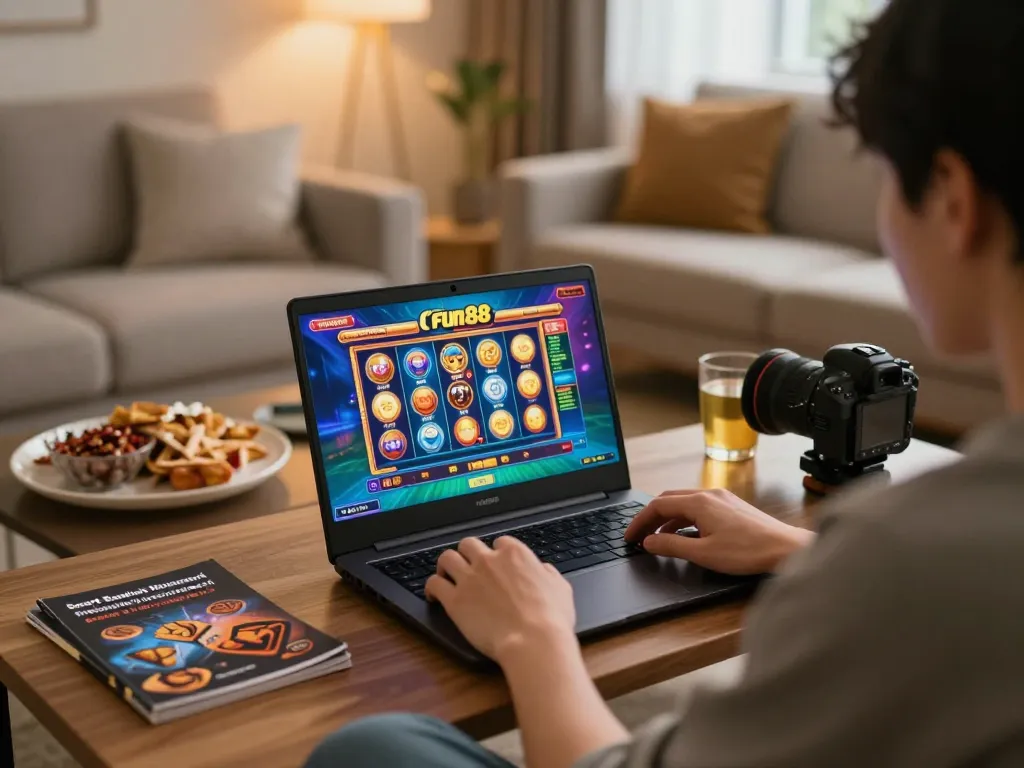 Engaging in fun88 online casino gameplay on a laptop at home with vibrant slot graphics