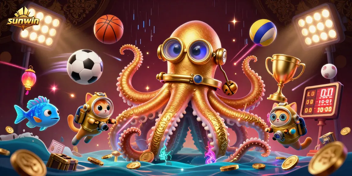 Experience thrilling gaming adventures with Sunwin through vibrant casino illustrations featuring a kraken and diving cat.