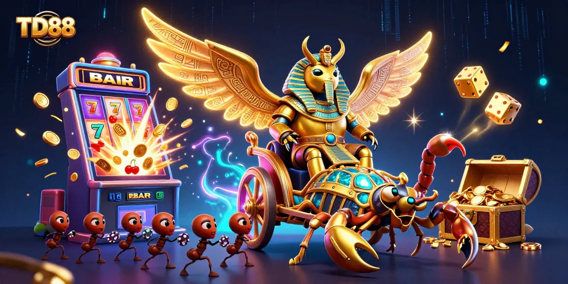 Engage in thrilling gaming experiences at TD88, featuring a vibrant casino illustration showcasing jackpots and game action.