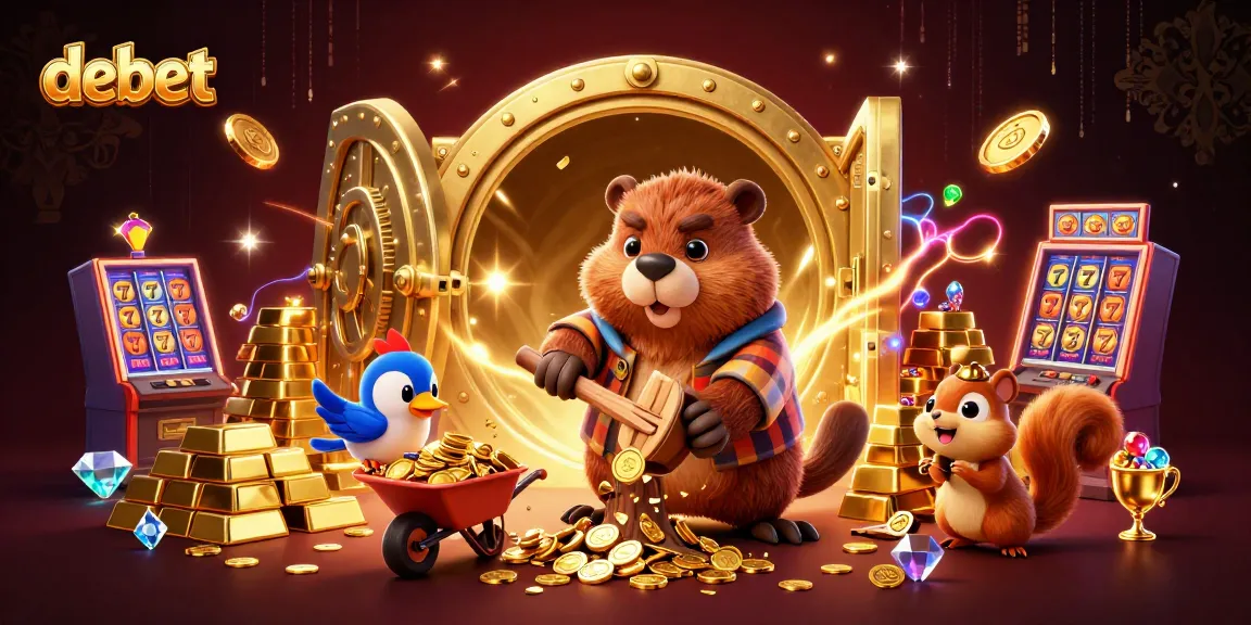 Experience exciting jackpot wins with the vibrant debet casino scene featuring playful characters and gold treasures.