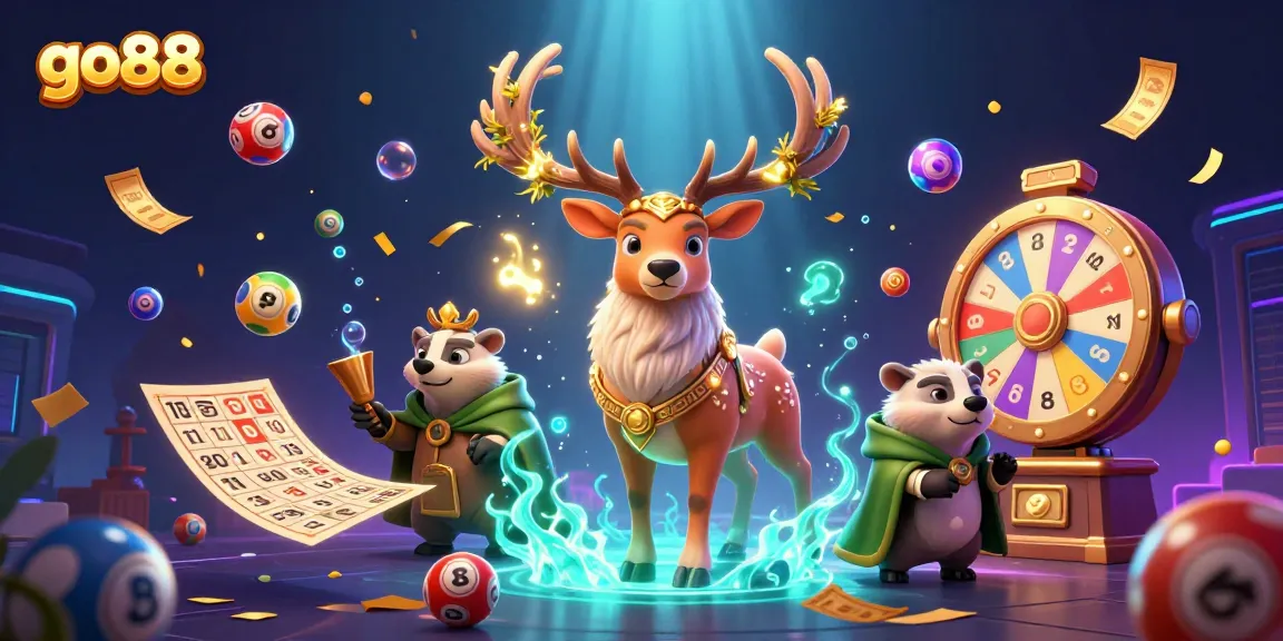 Engage with the excitement of go88 featuring a lively 3D Celtic druid stag and vibrant gaming elements.