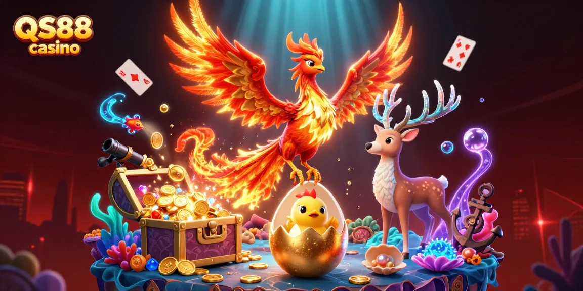 Engage with the vibrant world of QS88 casino featuring soaring phoenixes and underwater treasures.