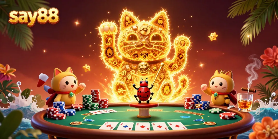 Engage with exciting casino elements at Say88 among vibrant illustrations of a lucky cat and poker setup.