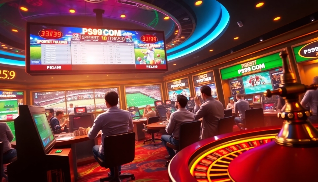 Engaged gamblers making bets on PS99 COM with vibrant casino elements including poker chips and betting screens.