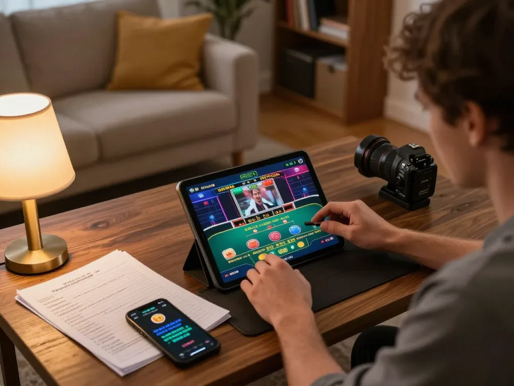 Experience the excitement of 28bets casino with a player enjoying online gaming, tablet showing live dealer action
