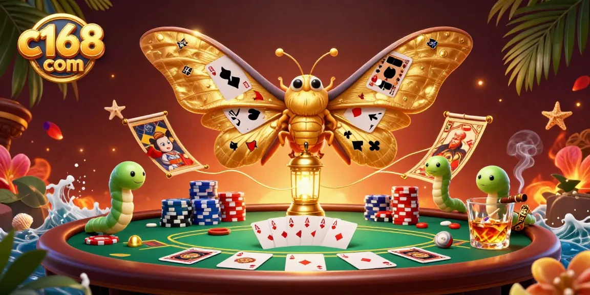 Engage with vibrant casino scenes as C168 com offers thrilling gameplay alongside a majestic atlas moth illustration.