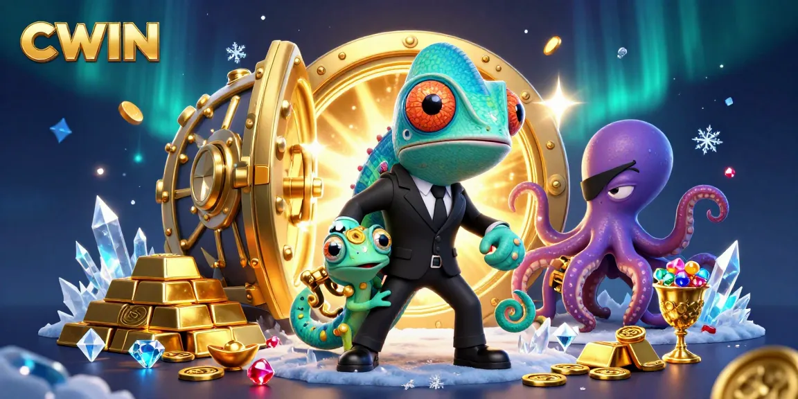 CWIN offers thrilling casino experiences with a vibrant scene of a chameleon agent and treasures.