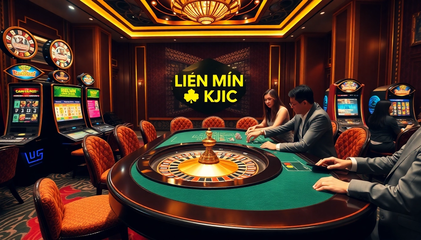 Engaging scene of gamblers playing at a Liên Minh KJC casino table with vibrant slot machines.