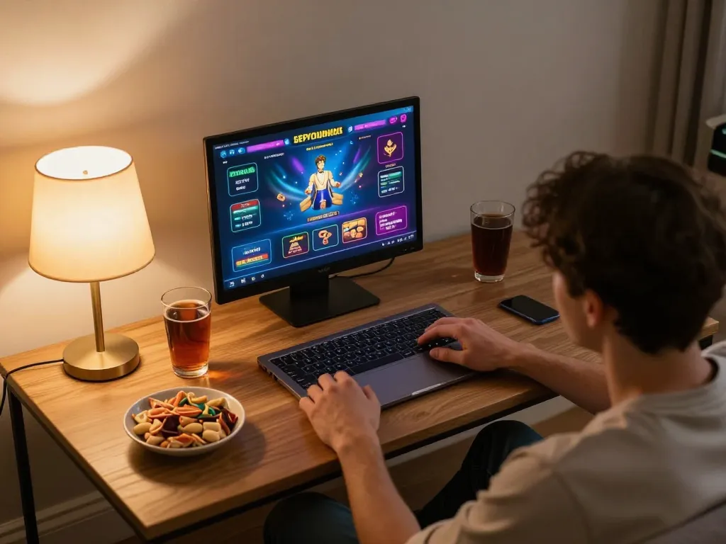 Player engaging with FUN79 online casino at home, laptop displaying vibrant game interface.