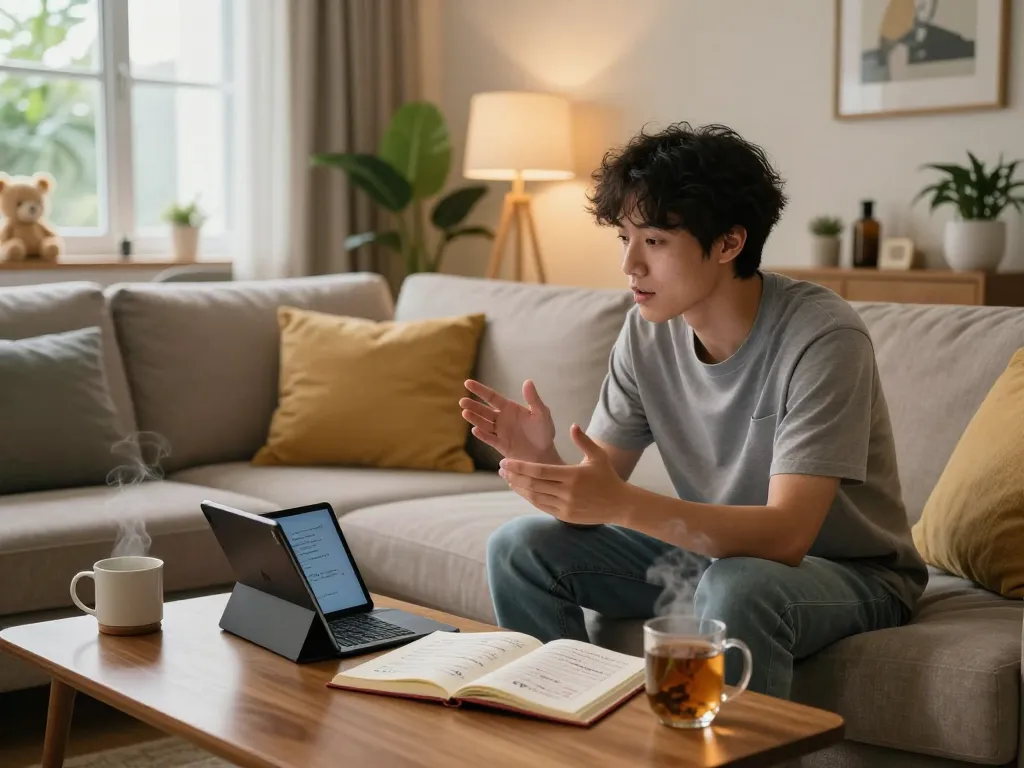 Engaging scene of a young adult interacting with ai 18+ companion in a cozy home setting.
