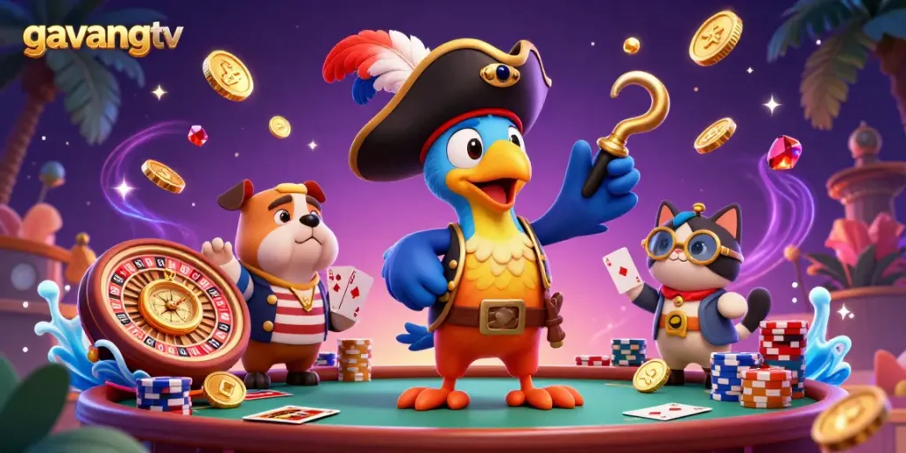 Engage with exciting gambling action at gavangtv featuring a cartoon pirate scene and dynamic casino elements.
