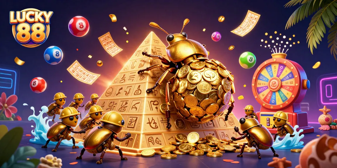 Engage with LUCKY 88 in this vibrant lottery-themed illustration featuring dynamic casino elements.