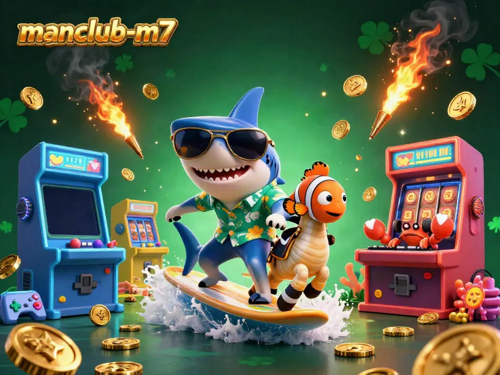 Experience a thrilling gaming adventure with manclub-m7 featuring a vibrant casino scene with animated characters.