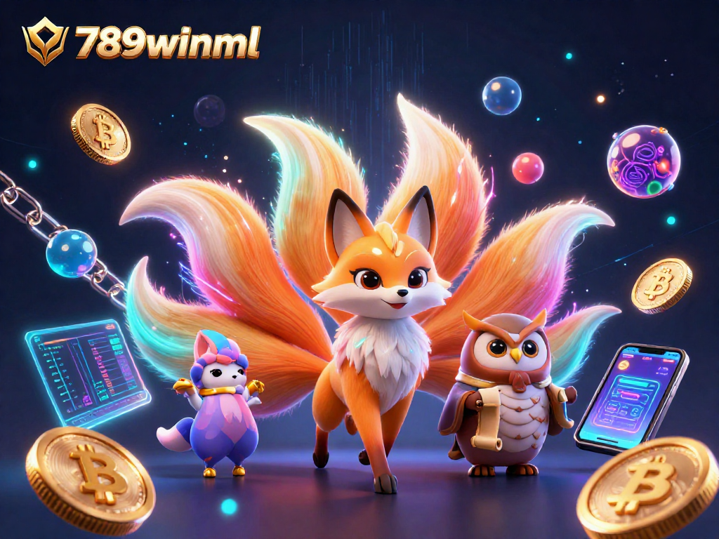 Engage with 789winml's dazzling world of gaming through a vibrant digital illustration featuring a nine-tailed fox, crypto coins, and magical effects.