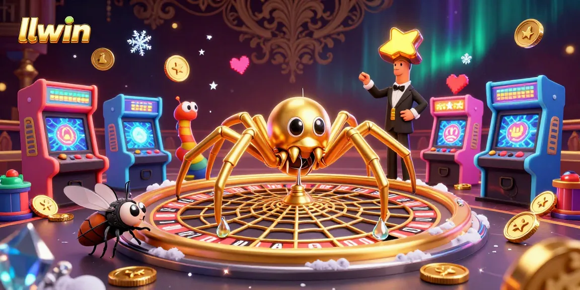 Engage with llwin's thrilling online casino universe, featuring a golden spider, fly, and centipede in an intricate roulette web.