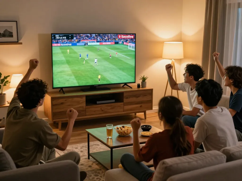 Excited viewers sharing the thrill of bóng đá trực tiếp while watching a live football match at home.