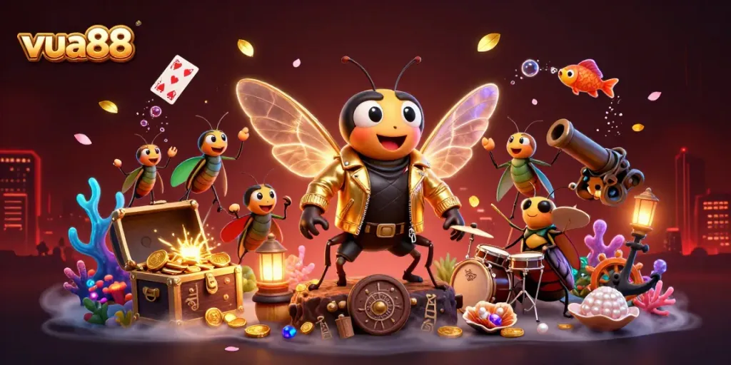Experience vibrant winnings at vua88 with a 3D cartoon cicada rock star surrounded by treasures and gaming elements.