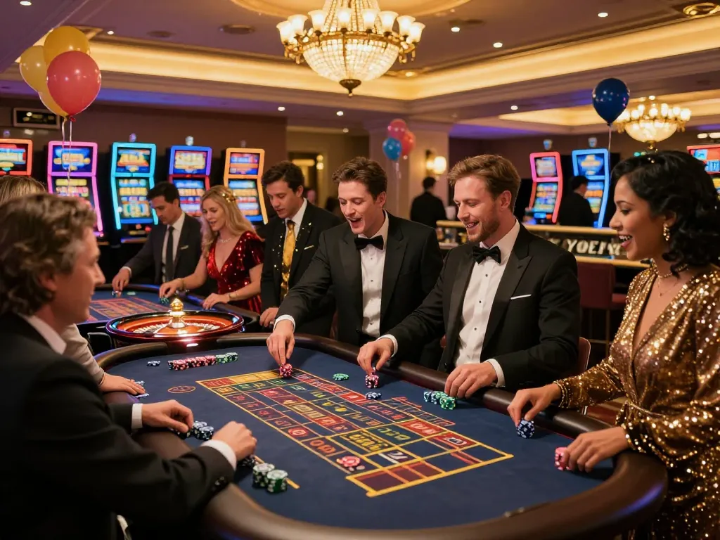 Fun88 players enjoying New Year's gaming excitement at a vibrant casino floor.
