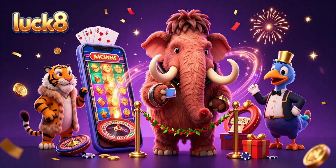 Experience excitement with luck8's vibrant online casino, featuring a dynamic scene with unique characters and games.