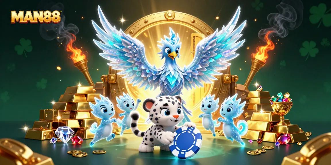 Engage in thrilling gameplay at MAN88 with vibrant casino elements, featuring an ice phoenix and gems.