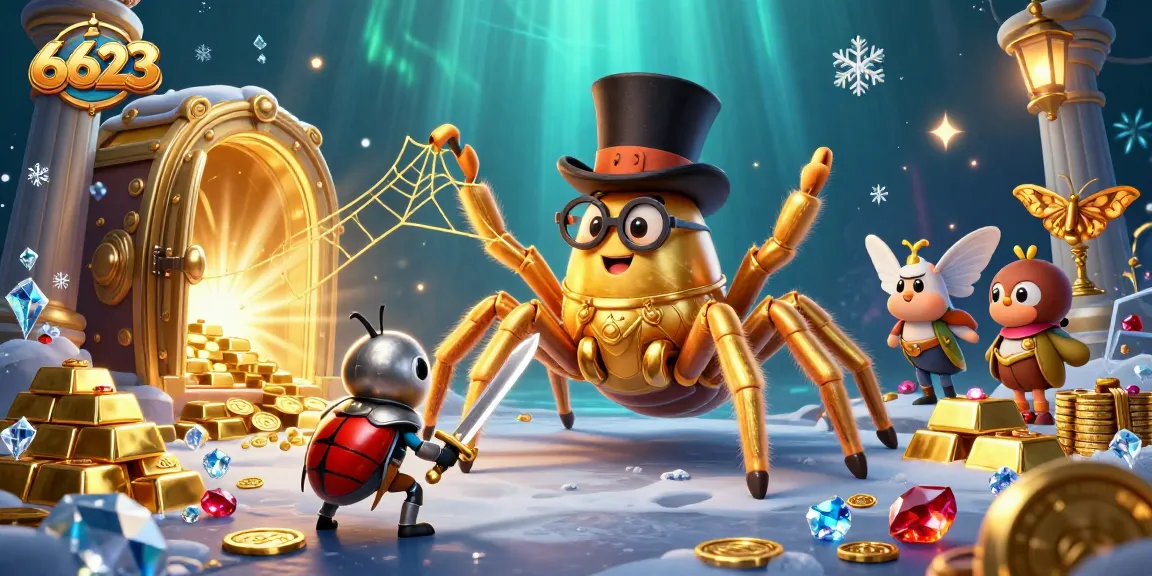 Engage in gaming action with 6623's vibrant casino scene featuring golden treasures and animated characters.