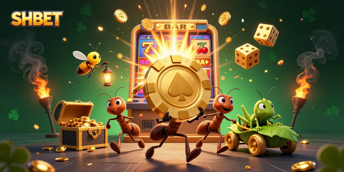 SHBET illustration of a heist scene with ants, poker chip, and vibrant casino elements