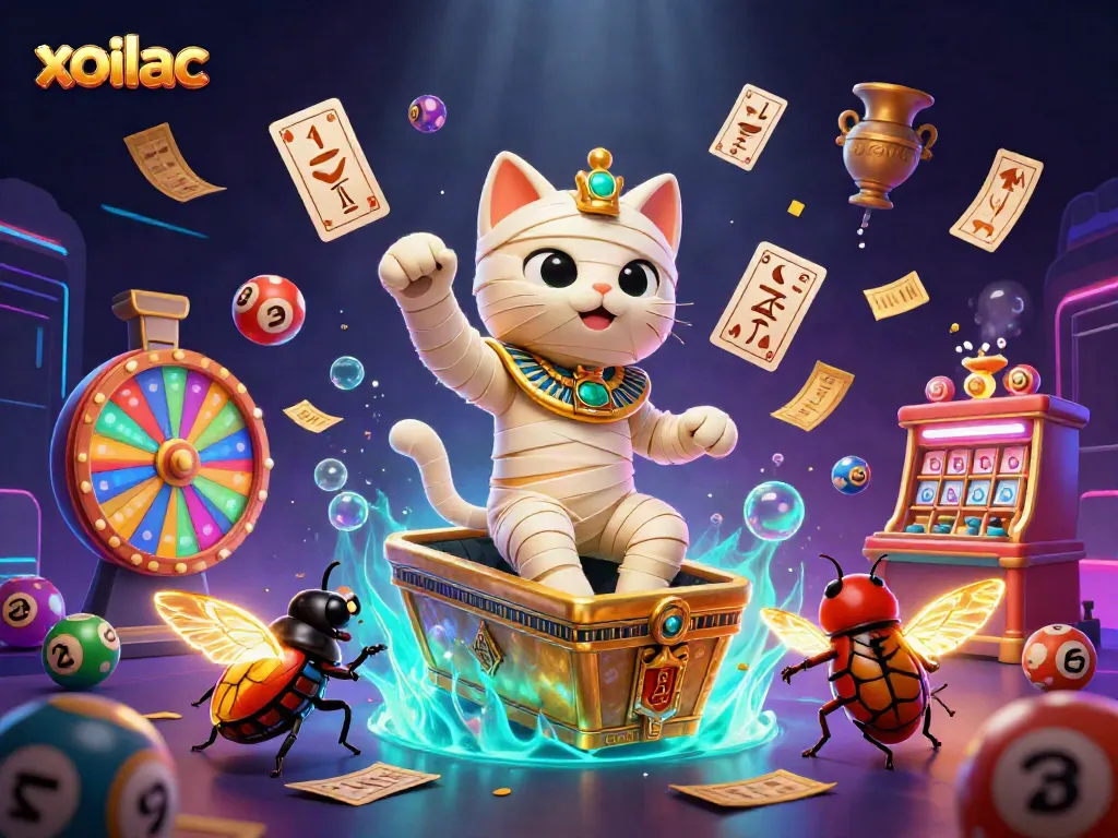 Xoilac offers an exciting scene with a mummy cat and scarab in a pyramid casino, showcasing dynamic gaming elements.