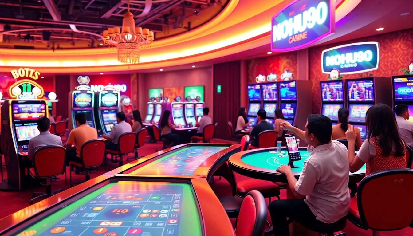 Exciting gaming atmosphere at NOHU featuring diverse players and vibrant neon colors.