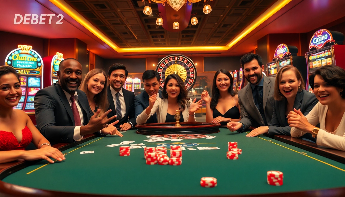 Players engaging in thrilling action at a luxurious casino table featuring DEBET 2 gaming elements.