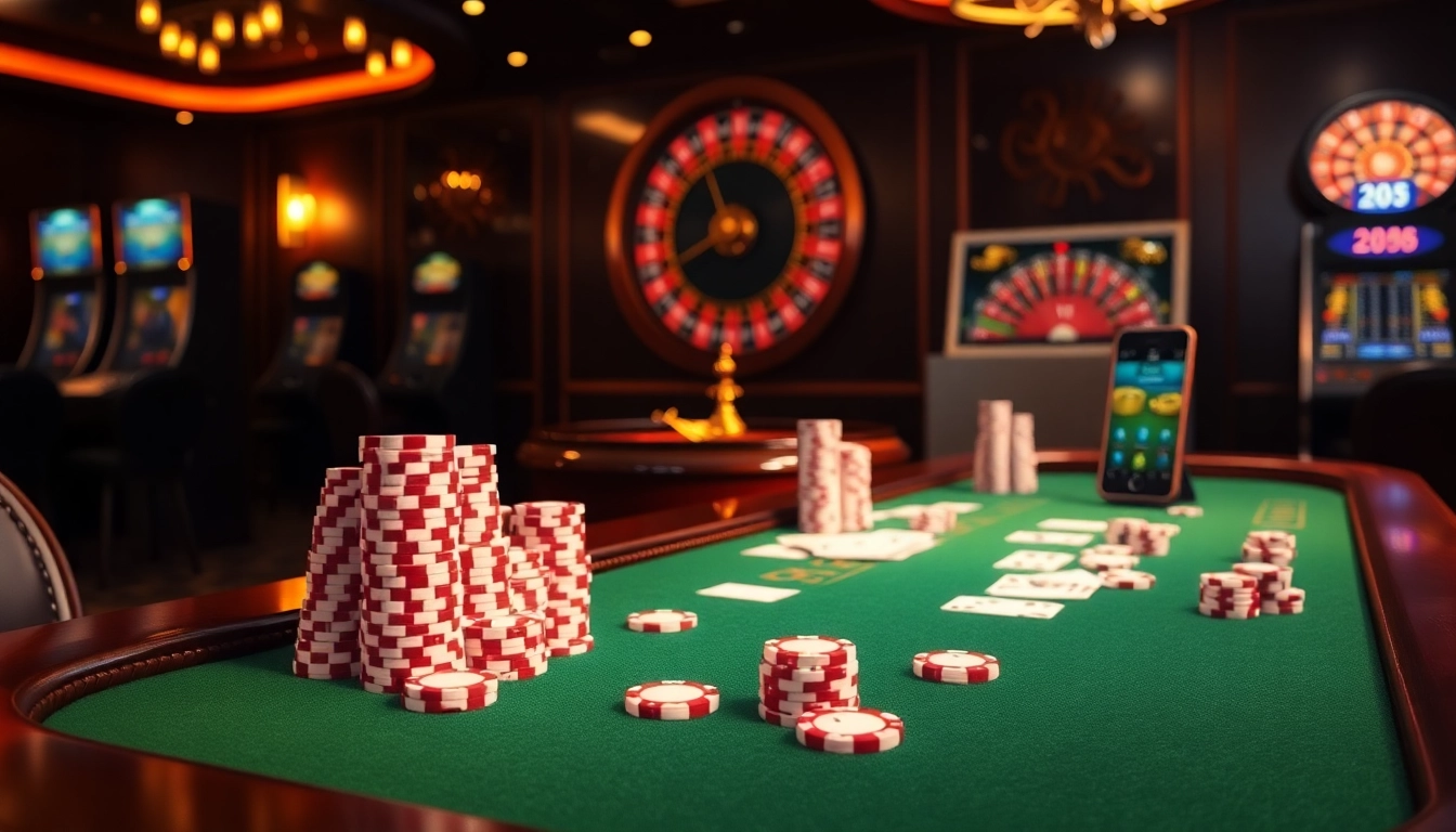 Experience thrilling gameplay at OK365 with exciting casino tables and vibrant poker chips.