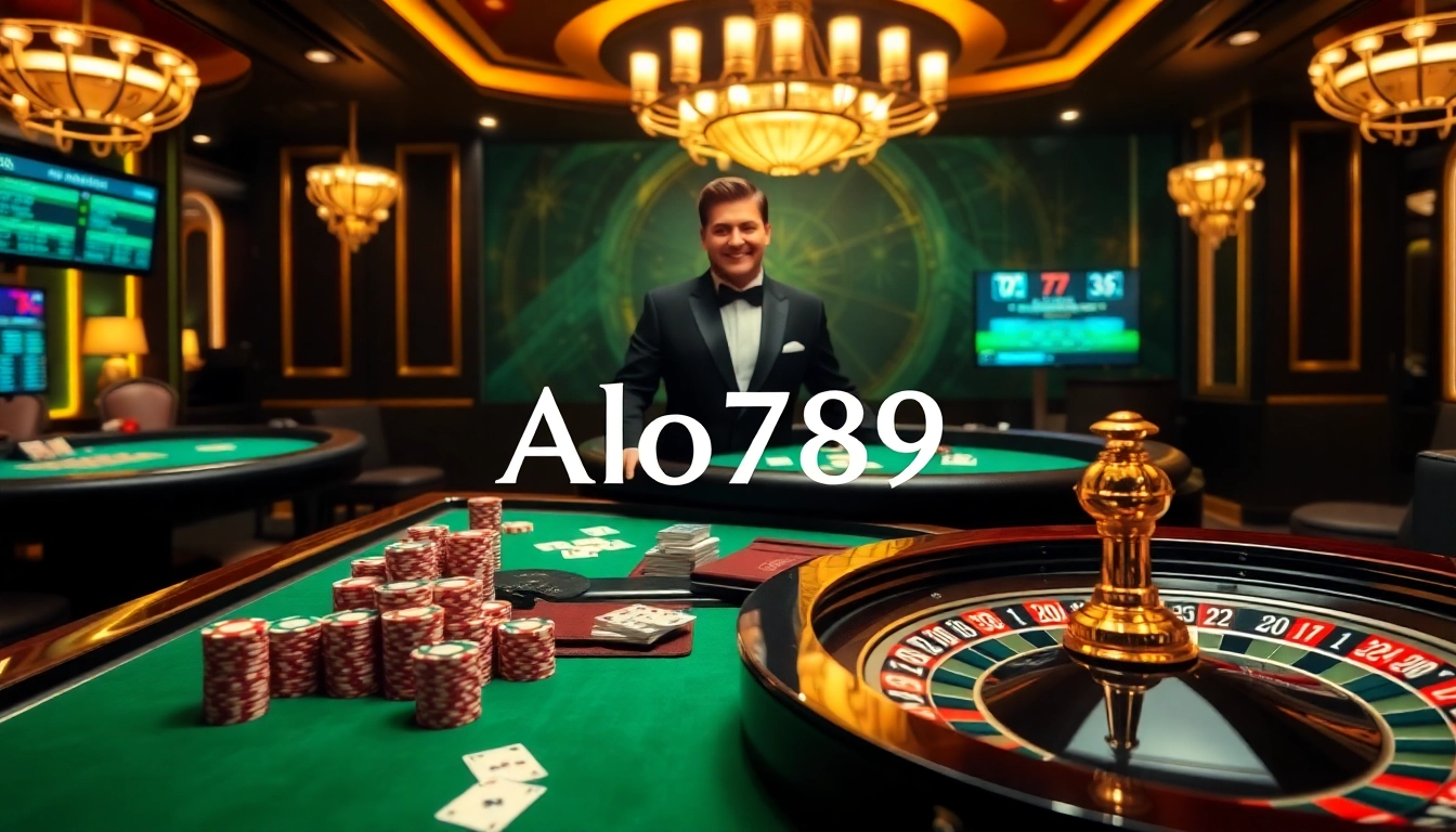 Alo789's casino scene with vibrant tables, poker chips, and an engaging dealer creating an exciting atmosphere.