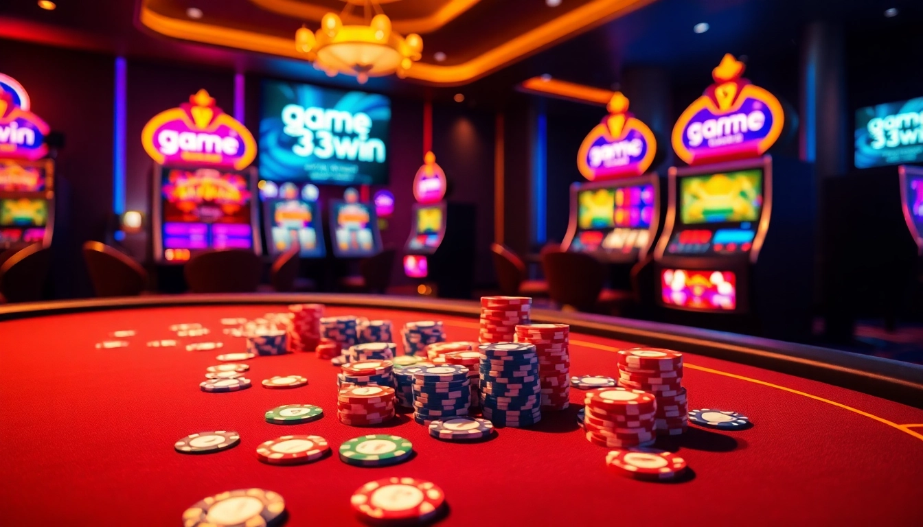 Experience the thrilling atmosphere of game 33win at a luxurious casino table adorned with colorful poker chips and cards.