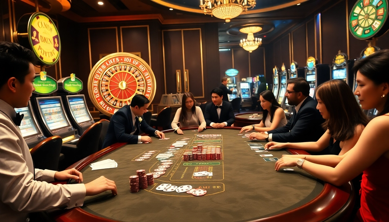 Experience the excitement of Game bài đổi thưởng at a luxury casino table filled with engaging players and colorful chips.