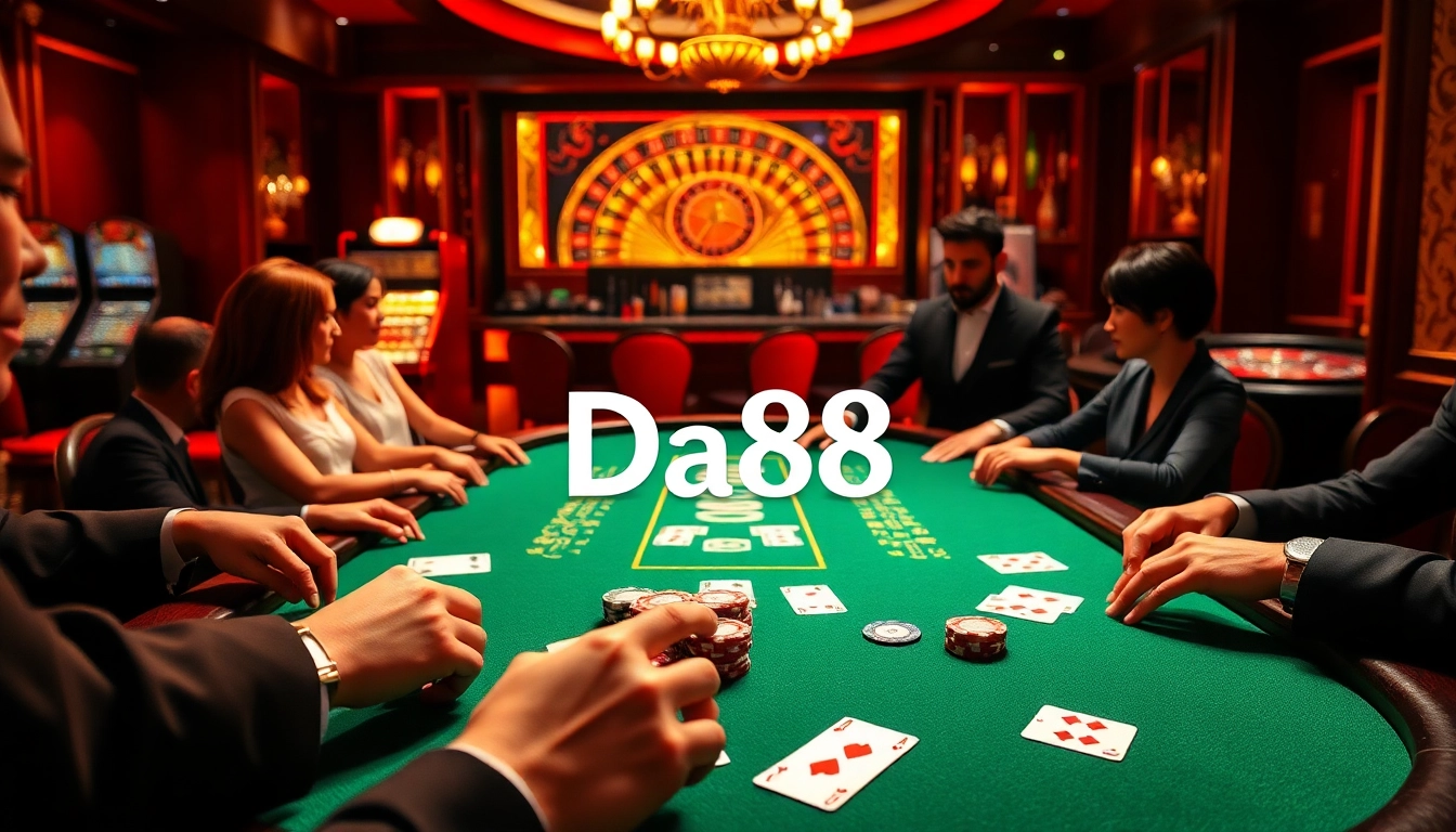 Experience high-stakes gaming at Da88's professional poker table with vibrant casino elements.