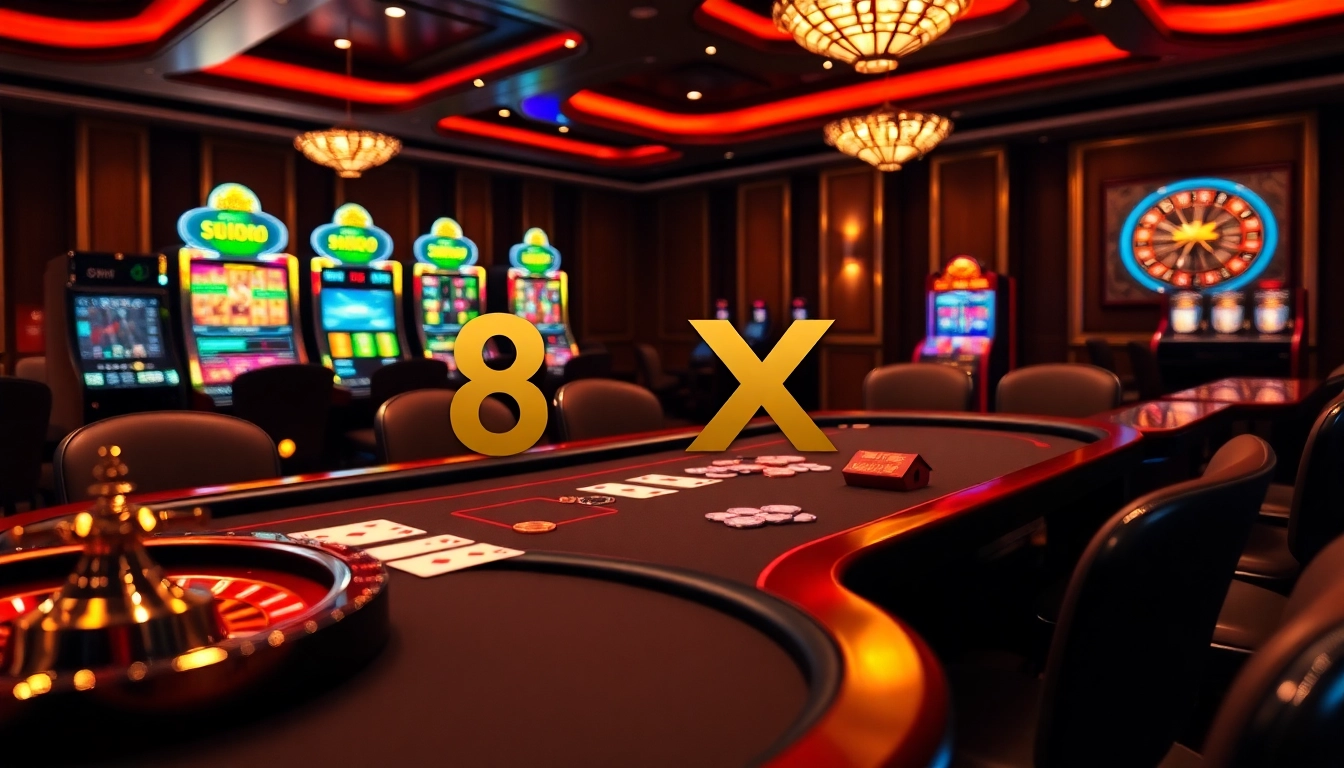 Experience thrilling gameplay at 8 XX with a luxurious poker table and vibrant slot machines.