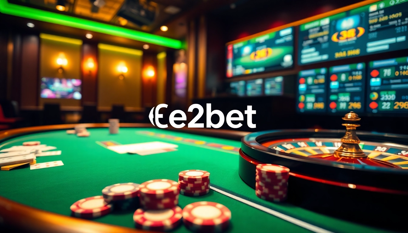 E2bet logo featured in an elegant casino scene with poker tables, roulette wheel, and online gaming interfaces.