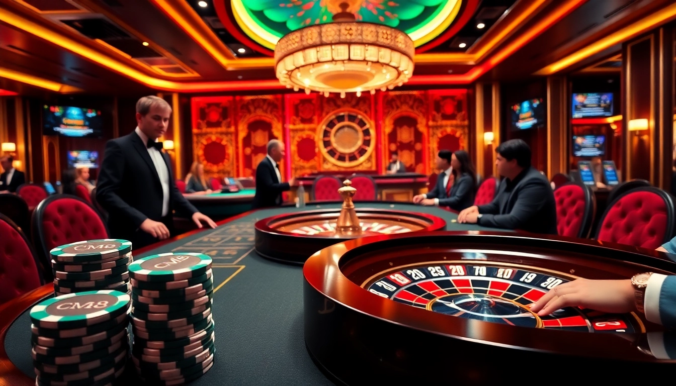 Experience the thrill of CM88 in a vibrant casino scene with poker chips and a roulette wheel.