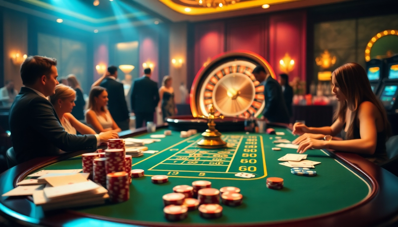 Exciting casino scene featuring luxurious XX88 gaming tables and vibrant roulette wheel.