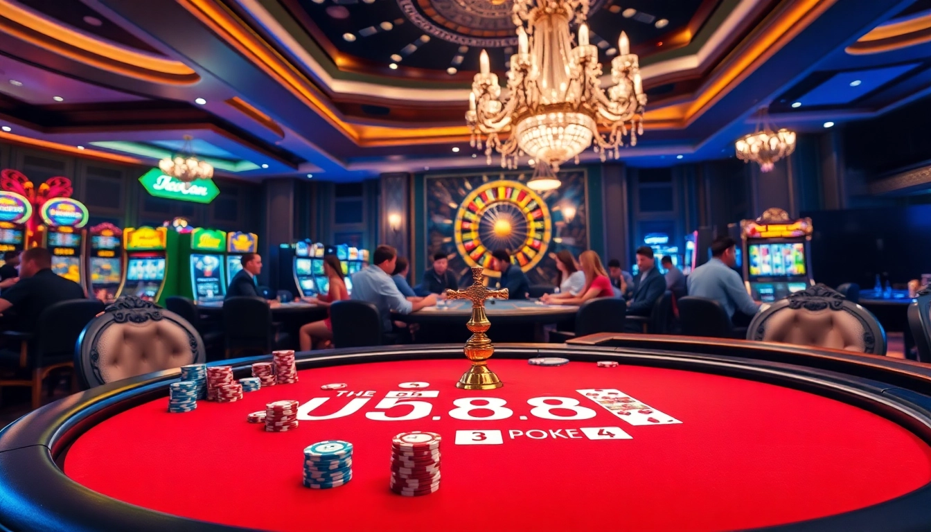 Exciting U888 poker scene showcasing vibrant gameplay with chips and cards.