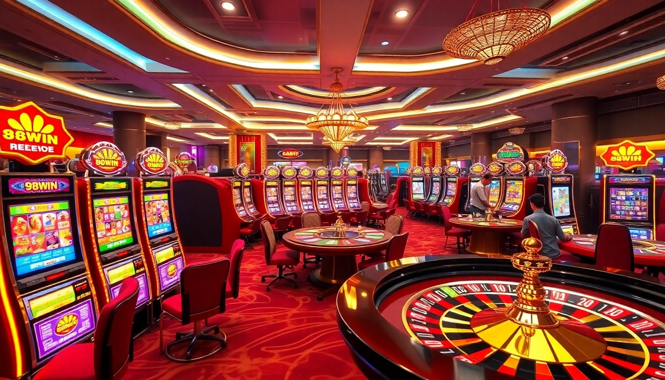Exciting moment at 98WIN casino with vibrant slot machines and players engaged in thrilling games.